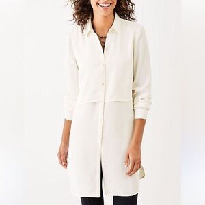 J. Jill Cream Long Sleeve Button-Up Faux Layered Tunic Long Blouse Sz Womens LP
